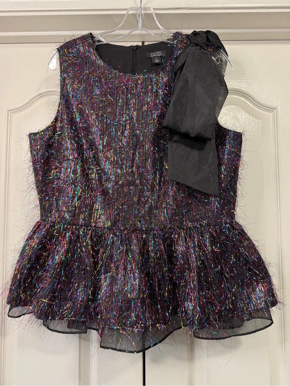 Halogen x Atlantic Pacific Tinsel Fringe Bow Top M Rainbow Metallic NYE Party